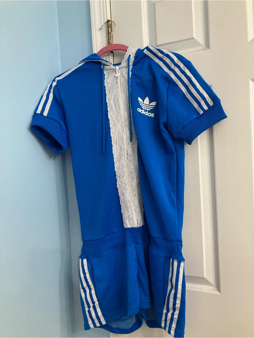 adidas Girls Bright Blue Short Sleeve Hooded Romper with Lace